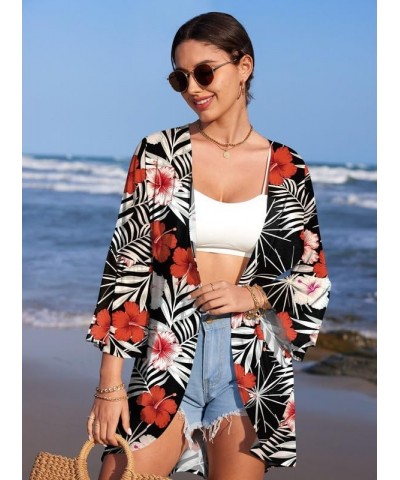 Summer Women's 3/4 Bell Sleeve Light Weight Kimono Cardigan Red Flower $14.00 Sweaters