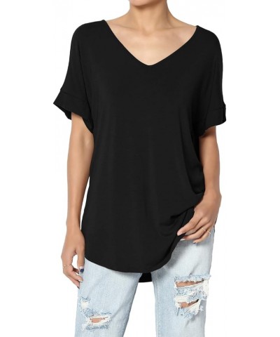 S~3X Wide V-Neck Cuffed Short Sleeve Curved Hem Luxe Jersey Top Black $13.67 Tops