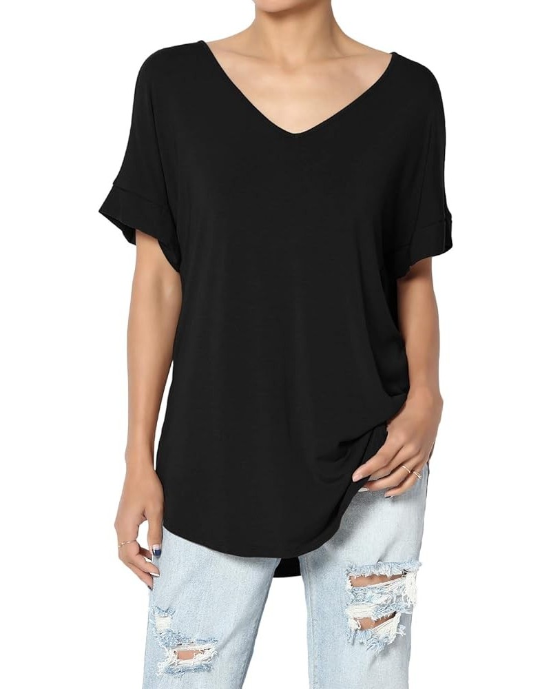 S~3X Wide V-Neck Cuffed Short Sleeve Curved Hem Luxe Jersey Top Black $13.67 Tops