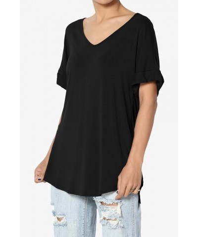 S~3X Wide V-Neck Cuffed Short Sleeve Curved Hem Luxe Jersey Top Black $13.67 Tops