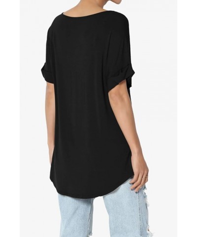 S~3X Wide V-Neck Cuffed Short Sleeve Curved Hem Luxe Jersey Top Black $13.67 Tops