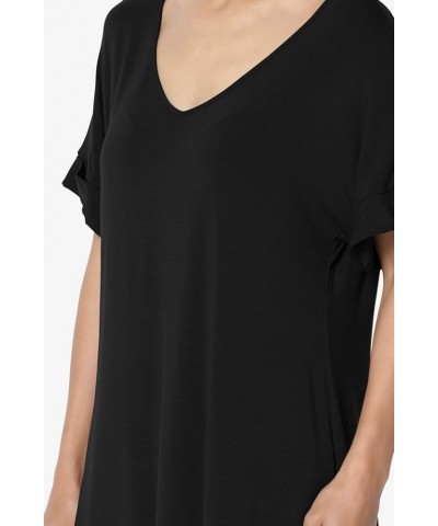 S~3X Wide V-Neck Cuffed Short Sleeve Curved Hem Luxe Jersey Top Black $13.67 Tops