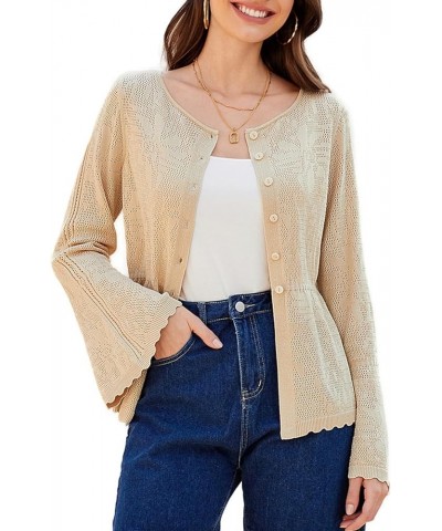 Women's Button Down Long Sleeve Cardigan Classic Flowy Soft Crew Neck Knit Sweater 2024 Champagne $16.95 Sweaters