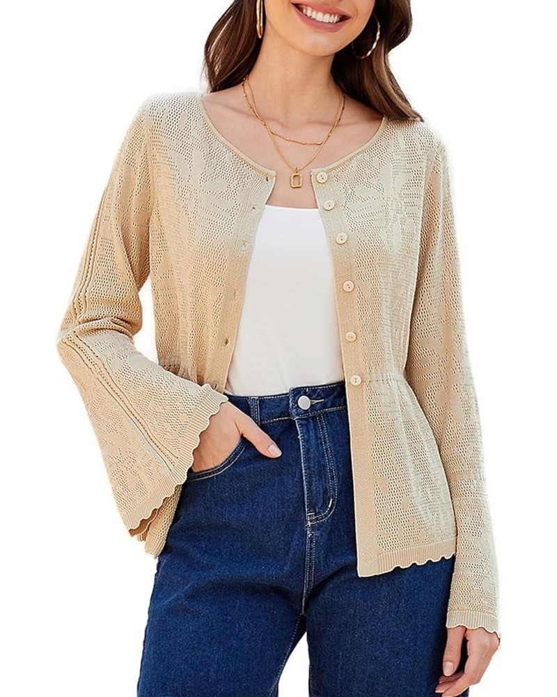 Women's Button Down Long Sleeve Cardigan Classic Flowy Soft Crew Neck Knit Sweater 2024 Champagne $16.95 Sweaters