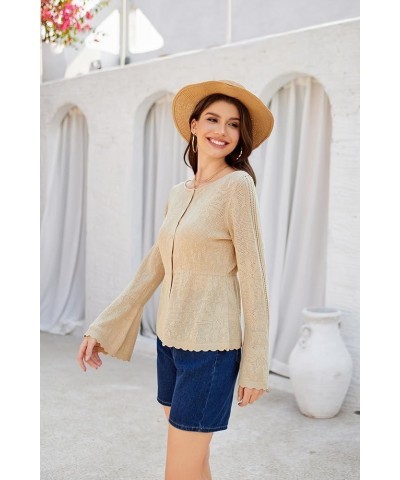 Women's Button Down Long Sleeve Cardigan Classic Flowy Soft Crew Neck Knit Sweater 2024 Champagne $16.95 Sweaters