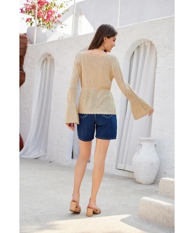 Women's Button Down Long Sleeve Cardigan Classic Flowy Soft Crew Neck Knit Sweater 2024 Champagne $16.95 Sweaters