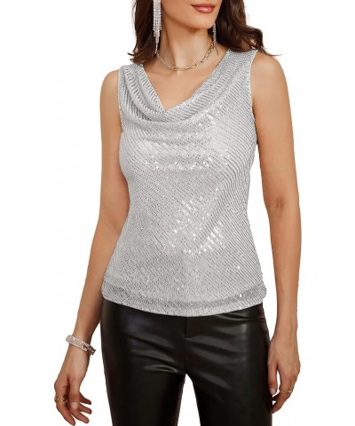 Women's Sleeveless Cowl Neck Sequin Tank Tops Sparkly Club Party Shirts Drape Neck Glitter Cocktail Blouses Silver $26.54 Tanks