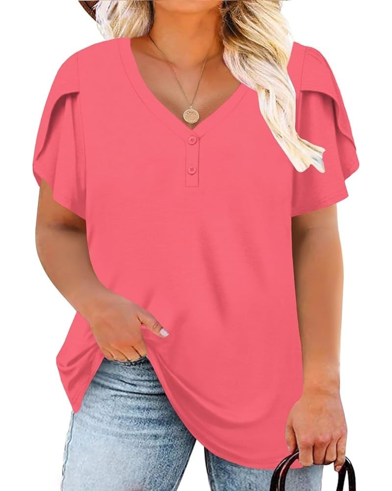 Womens Plus-Size Tops Petal Short Sleeve Shirts Summer Casual V Neck Loose Tee 04_rose Red $11.99 T-Shirts