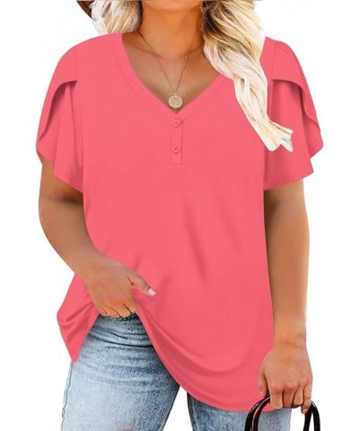 Womens Plus-Size Tops Petal Short Sleeve Shirts Summer Casual V Neck Loose Tee 04_rose Red $11.99 T-Shirts