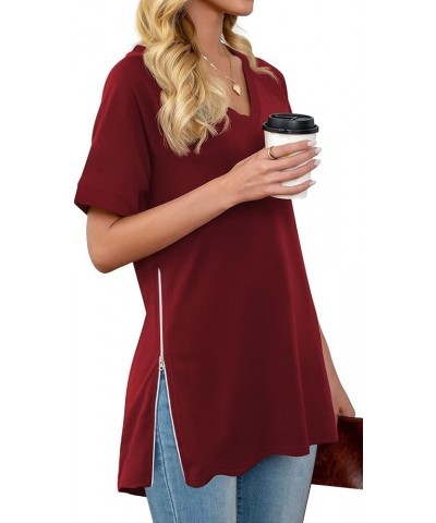 Women's Summer Casual Tops V-Neck Soft Raglan Short Sleeves Tops Basic T-Shirt Split Blouse with Side Zipper A 06 Wine Red $1...