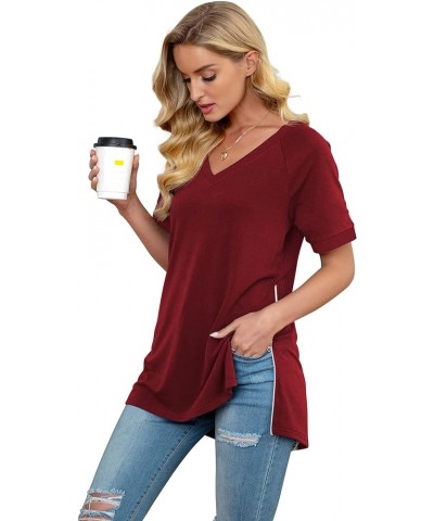 Women's Summer Casual Tops V-Neck Soft Raglan Short Sleeves Tops Basic T-Shirt Split Blouse with Side Zipper A 06 Wine Red $1...