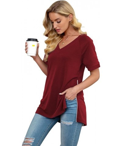 Women's Summer Casual Tops V-Neck Soft Raglan Short Sleeves Tops Basic T-Shirt Split Blouse with Side Zipper A 06 Wine Red $1...