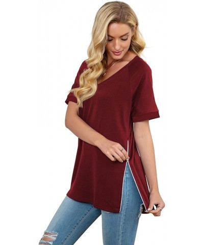 Women's Summer Casual Tops V-Neck Soft Raglan Short Sleeves Tops Basic T-Shirt Split Blouse with Side Zipper A 06 Wine Red $1...