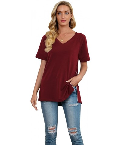 Women's Summer Casual Tops V-Neck Soft Raglan Short Sleeves Tops Basic T-Shirt Split Blouse with Side Zipper A 06 Wine Red $1...