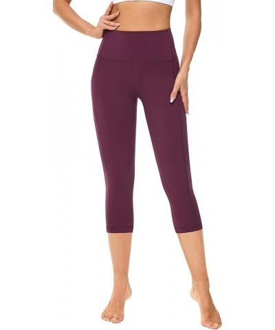 Women's High Waist Yoga Pants with Pockets,Workout Running Yoga Leggings for Women Dark Red Capri $12.50 Activewear