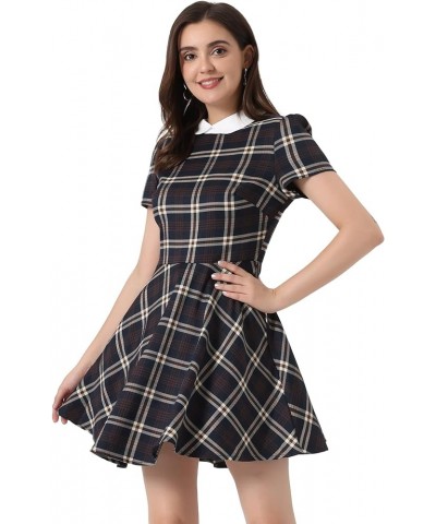 Women's Plaid Grid Peter Pan Collar Contrast Christmas Xmas Party Short Sleeve A-line Dress Deep Blue $17.16 Dresses