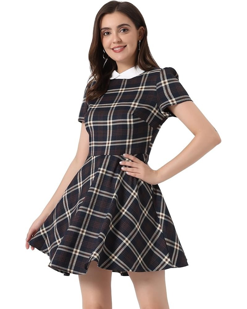 Women's Plaid Grid Peter Pan Collar Contrast Christmas Xmas Party Short Sleeve A-line Dress Deep Blue $17.16 Dresses