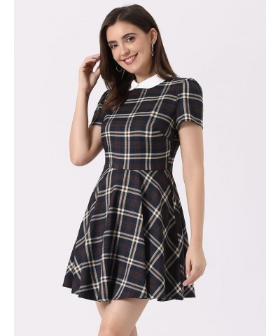 Women's Plaid Grid Peter Pan Collar Contrast Christmas Xmas Party Short Sleeve A-line Dress Deep Blue $17.16 Dresses