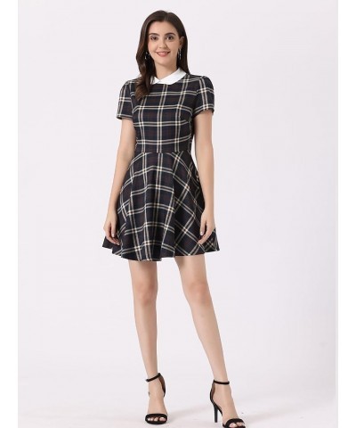 Women's Plaid Grid Peter Pan Collar Contrast Christmas Xmas Party Short Sleeve A-line Dress Deep Blue $17.16 Dresses