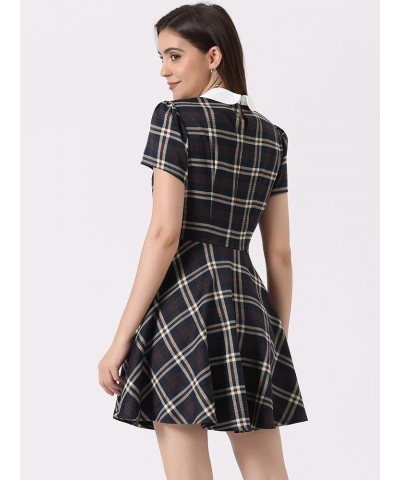 Women's Plaid Grid Peter Pan Collar Contrast Christmas Xmas Party Short Sleeve A-line Dress Deep Blue $17.16 Dresses