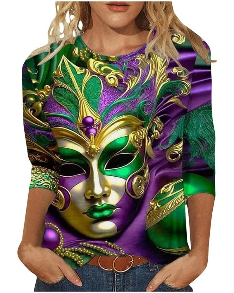 Women Mardi Gras Mask Graphic Shirt 2024 Fashion Round Neck Carnival Celebration Tshirt 3/4 Sleeve Party Blouse Tops 02 Dark ...