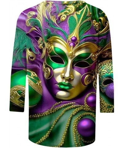 Women Mardi Gras Mask Graphic Shirt 2024 Fashion Round Neck Carnival Celebration Tshirt 3/4 Sleeve Party Blouse Tops 02 Dark ...