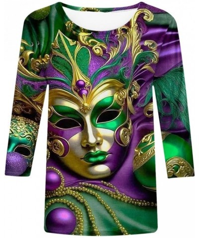 Women Mardi Gras Mask Graphic Shirt 2024 Fashion Round Neck Carnival Celebration Tshirt 3/4 Sleeve Party Blouse Tops 02 Dark ...