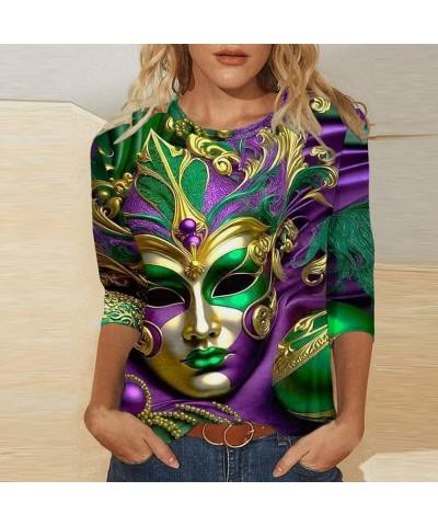 Women Mardi Gras Mask Graphic Shirt 2024 Fashion Round Neck Carnival Celebration Tshirt 3/4 Sleeve Party Blouse Tops 02 Dark ...