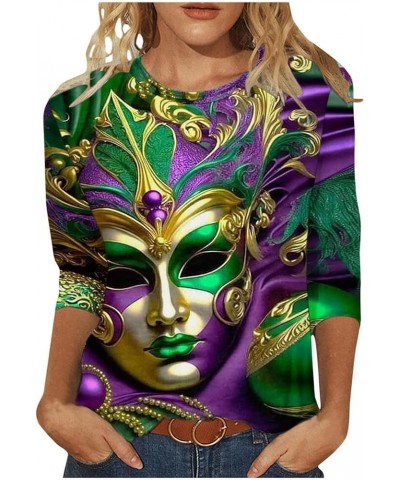 Women Mardi Gras Mask Graphic Shirt 2024 Fashion Round Neck Carnival Celebration Tshirt 3/4 Sleeve Party Blouse Tops 02 Dark ...