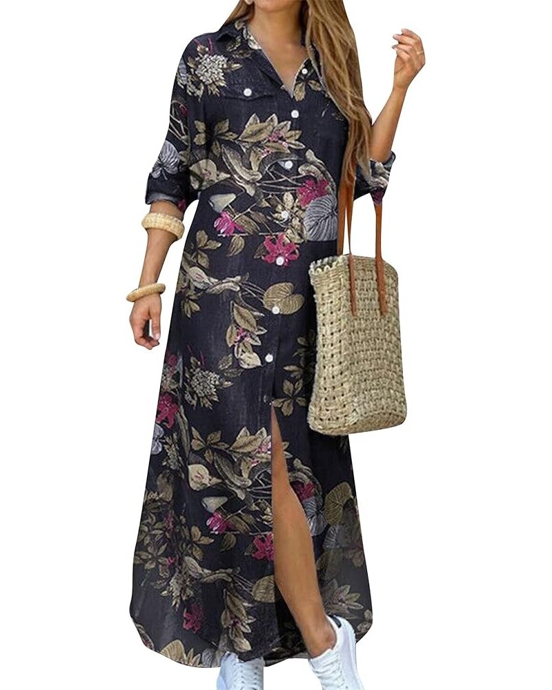 Spring Women's Shirt Dress Fashionable Summer Roll Up Sleeves Dress V-Neck Loose Ruffled Long Leisure Dress Black Flowers $11...