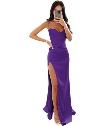 Spaghetti Straps Satin Prom Dresses Long Mermaid Bridesmaid Dress Slit Halter Formal Evening Party Gown Purple $23.46 Dresses