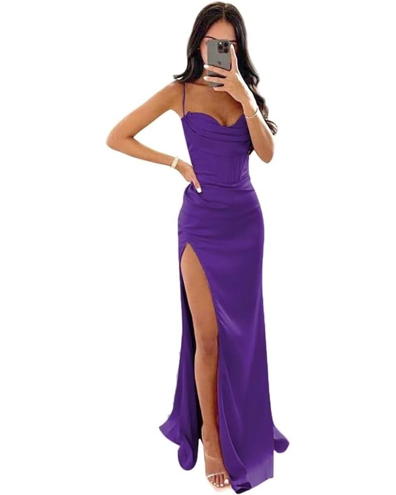 Spaghetti Straps Satin Prom Dresses Long Mermaid Bridesmaid Dress Slit Halter Formal Evening Party Gown Purple $23.46 Dresses