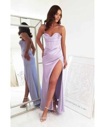 Spaghetti Straps Satin Prom Dresses Long Mermaid Bridesmaid Dress Slit Halter Formal Evening Party Gown Purple $23.46 Dresses