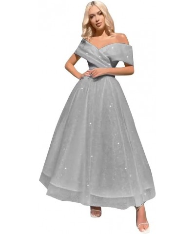 Off Shoulder Tulle Prom Dresses Tea Length Ball Gown Sparkly Formal Evening Party Gowns Silver $40.80 Dresses