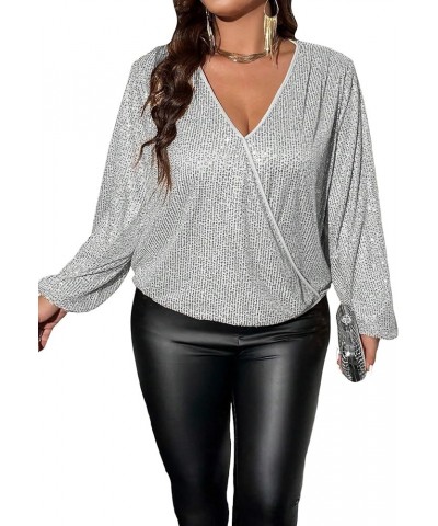 Women's Plus Size Deep V Neck Long Lantern Sleeve Sequin Party Blouse Top Silver $25.64 Blouses