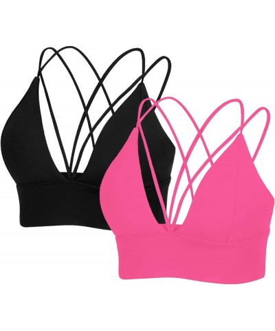 Padded Strappy Sports Bras for Women Criss Cross Back Medium Support Workout Running Yoga Bra 008-black&hot Pink $12.18 Lingerie