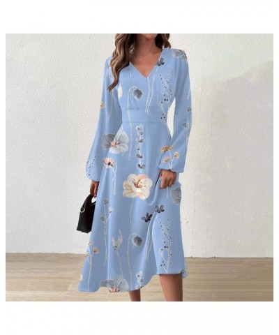 Women Dresses,Women's Floral Print Boho Dress Long Sleeve Wrap V Neck Ruffle Belted A-Line Flowy Maxi Dresses 02-light Blue $...