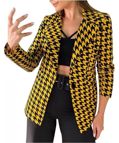 Womens Houndstoot Print Blazers for Work Casual Open Front Cardigan Lapel Collar Blazer Long Sleeve Pocketed Work Suit Yellow...