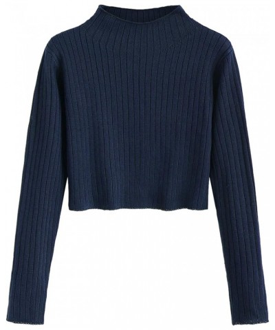 ZAFUL Women's Mock Neck Tops Long Sleeve Ribbed Knit Pullover Cropped Fall Sweater 2-navy Blue $14.70 Sweaters