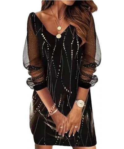 Sequin Sheer Mesh Ladies Dress V Neck Plus Size Women's Long Sleeve Bodycon Mock Mini Dresses (Color : H, Size : L/Large) S/S...