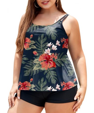 Womens Plus Size Tankini Swimsuit Two Piece Bathing Suits Swim Tank Top with Boy Short L-5X D-floral Navy $16.11 Swimsuits