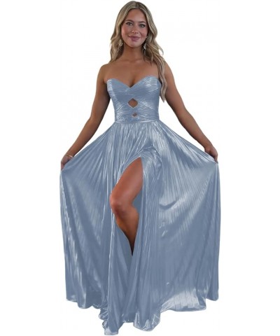 Sparkly Metallic Prom Dresses with Slit A Line Keyhole Satin Long Prom Ball Gowns for Women Dusty Blue $26.00 Dresses