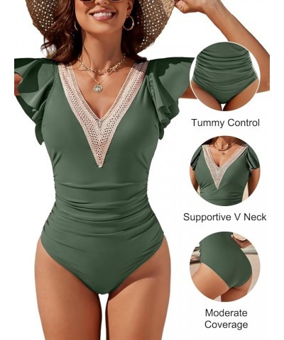 Women Tummy Control Swimsuits One Piece Slimming Modest Bathing Suits Ruffle Lace V Neck Swim Suits 2024 Army Green $20.64 Sw...