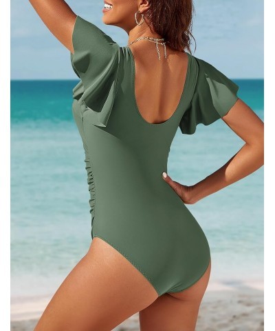 Women Tummy Control Swimsuits One Piece Slimming Modest Bathing Suits Ruffle Lace V Neck Swim Suits 2024 Army Green $20.64 Sw...