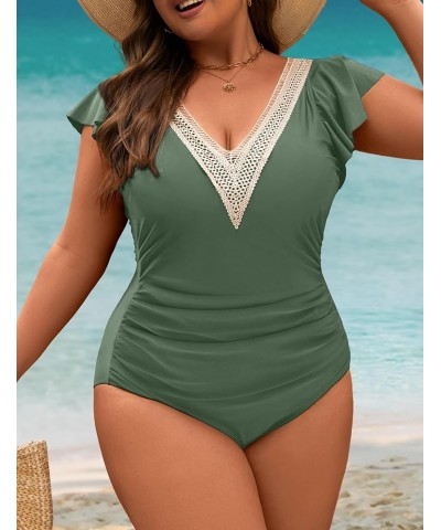 Women Tummy Control Swimsuits One Piece Slimming Modest Bathing Suits Ruffle Lace V Neck Swim Suits 2024 Army Green $20.64 Sw...