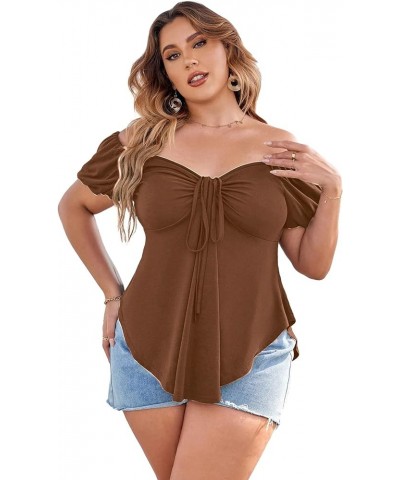 Women's Plus Size Short Sleeve Peplum Blouse Tie Front Ruffle Hem Summer T Shirt Tops Plain Brown $18.35 Tops