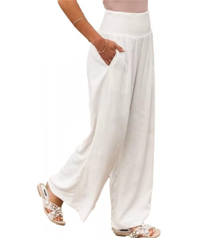 Cotton Linen Wide Leg Palazzo Beach Pants for Women Casual Elastic High Waist Smocked Lounge Pants White $8.40 Pants