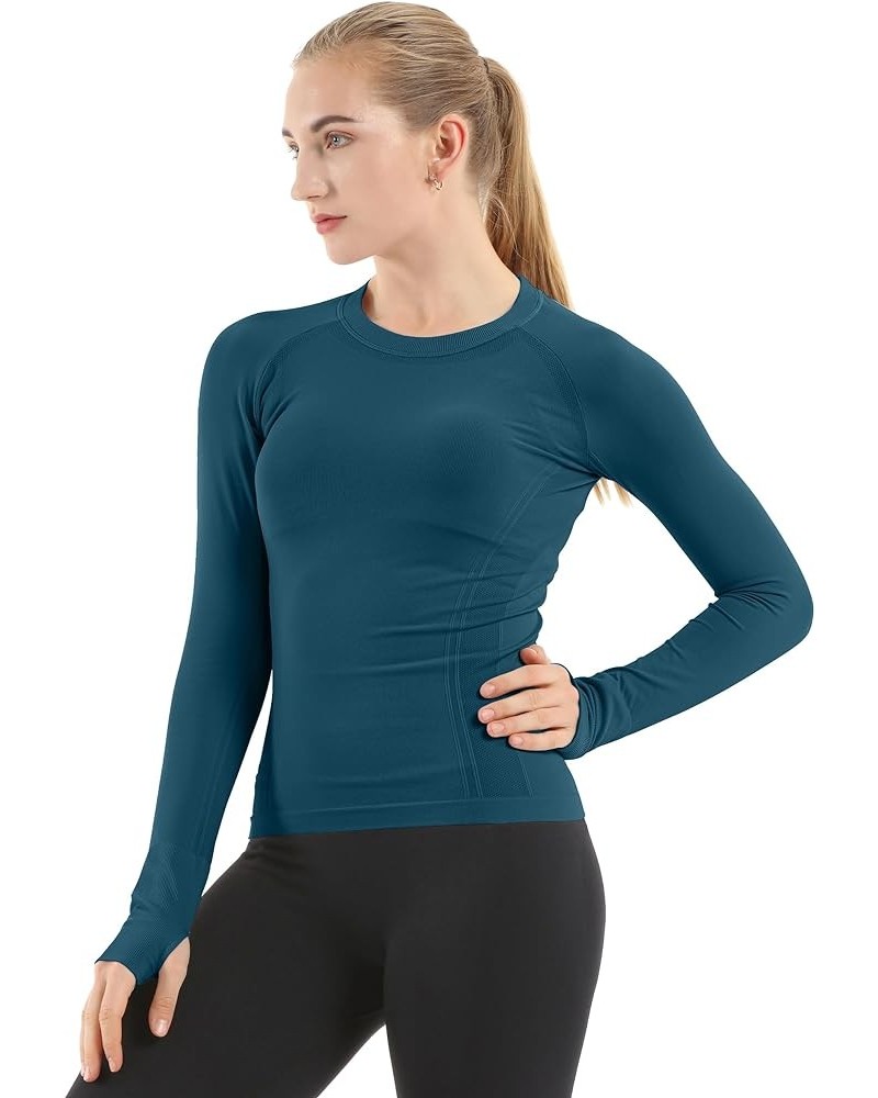 Seamless Workout Shirts for Women Long Sleeve Yoga Tops Sports Running Shirt Breathable Athletic Top Slim Fit Caribbean Blue ...