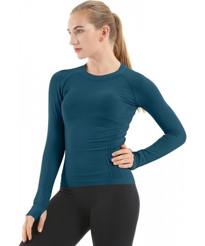 Seamless Workout Shirts for Women Long Sleeve Yoga Tops Sports Running Shirt Breathable Athletic Top Slim Fit Caribbean Blue ...