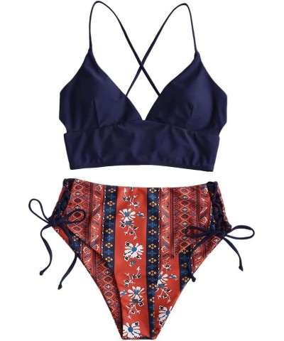 Women's V Neck Tankini Set, Ribbed High Cut Surplice Bikini High Waisted Two Piece Swimsuit 4-deep Blue-boho $18.14 Swimsuits